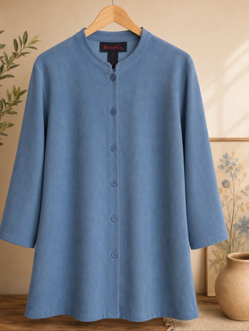 Vintage Denim & Co. Blue Bottom Front Tunic Top With Nehru Collar